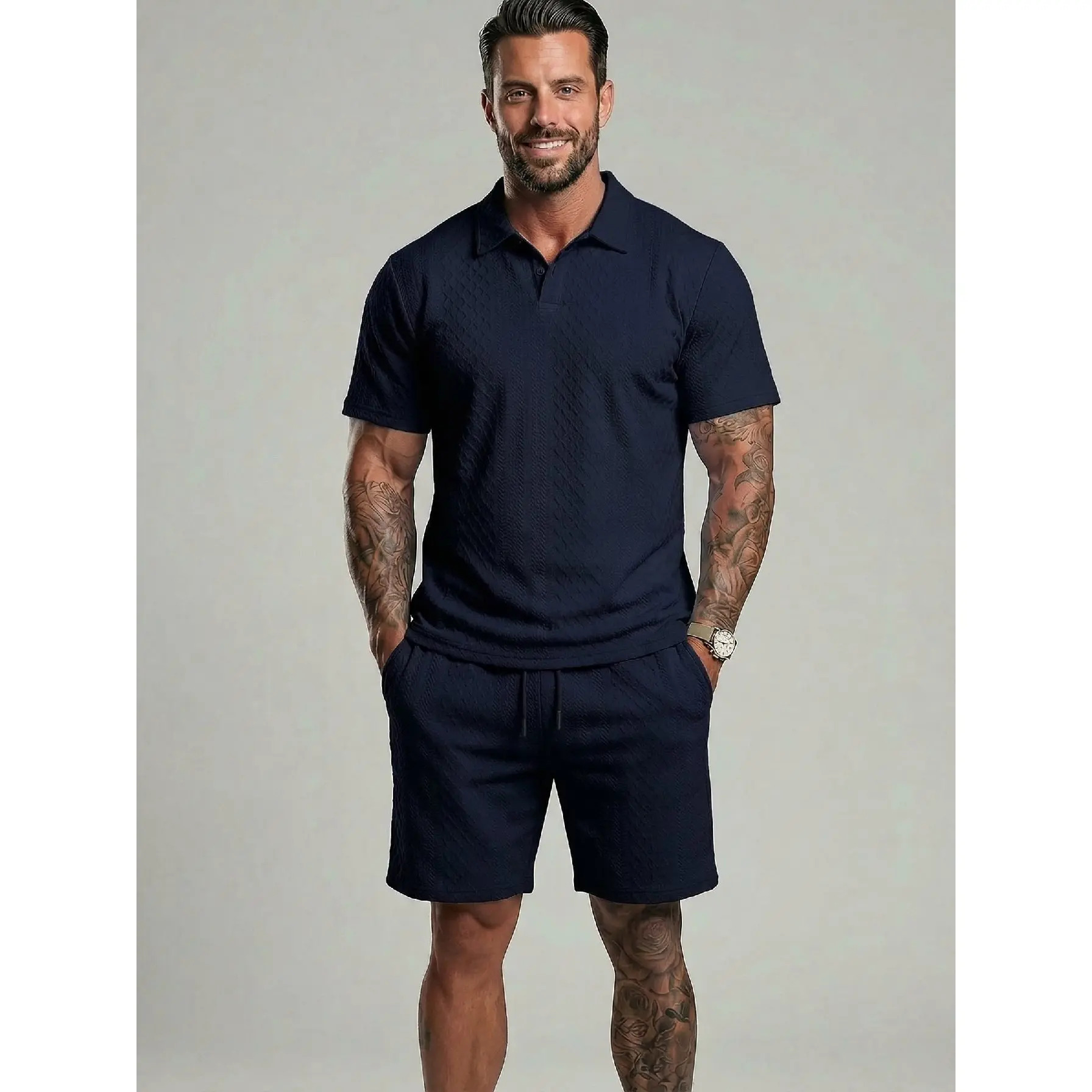 Men's Solid-Color Polo Shirt and Drawstring Shorts Set