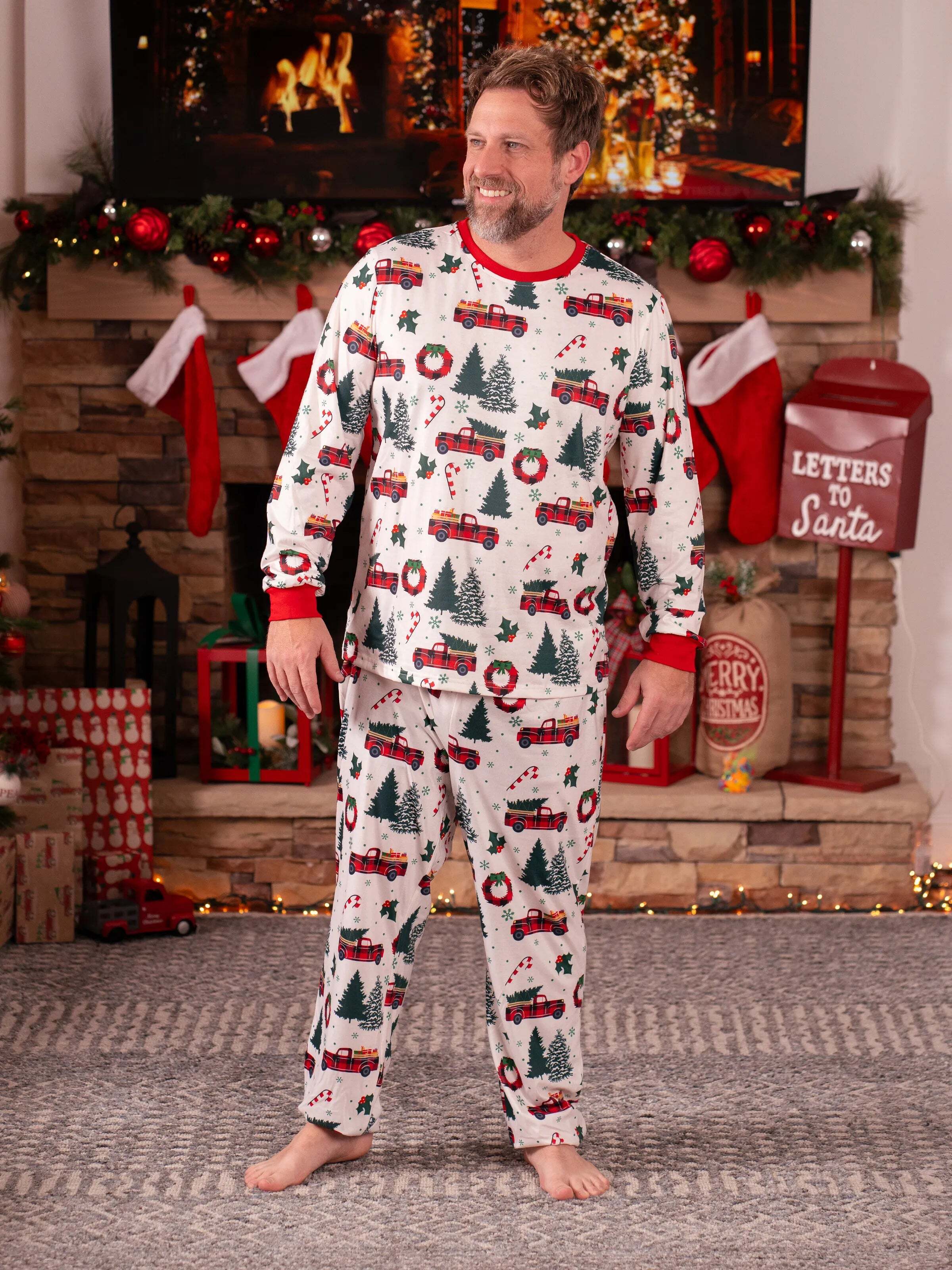 Christmas Family Matching Allover Xmas Tree & Car Print Long-sleeve Pajamas Sets with Christmas Socks Multi-color