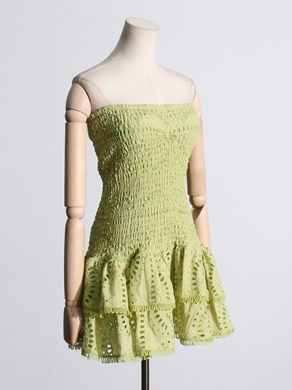 Embroidered Tube Top Dress With Hollow Ruffles And Stitching Design A-Line Skirt