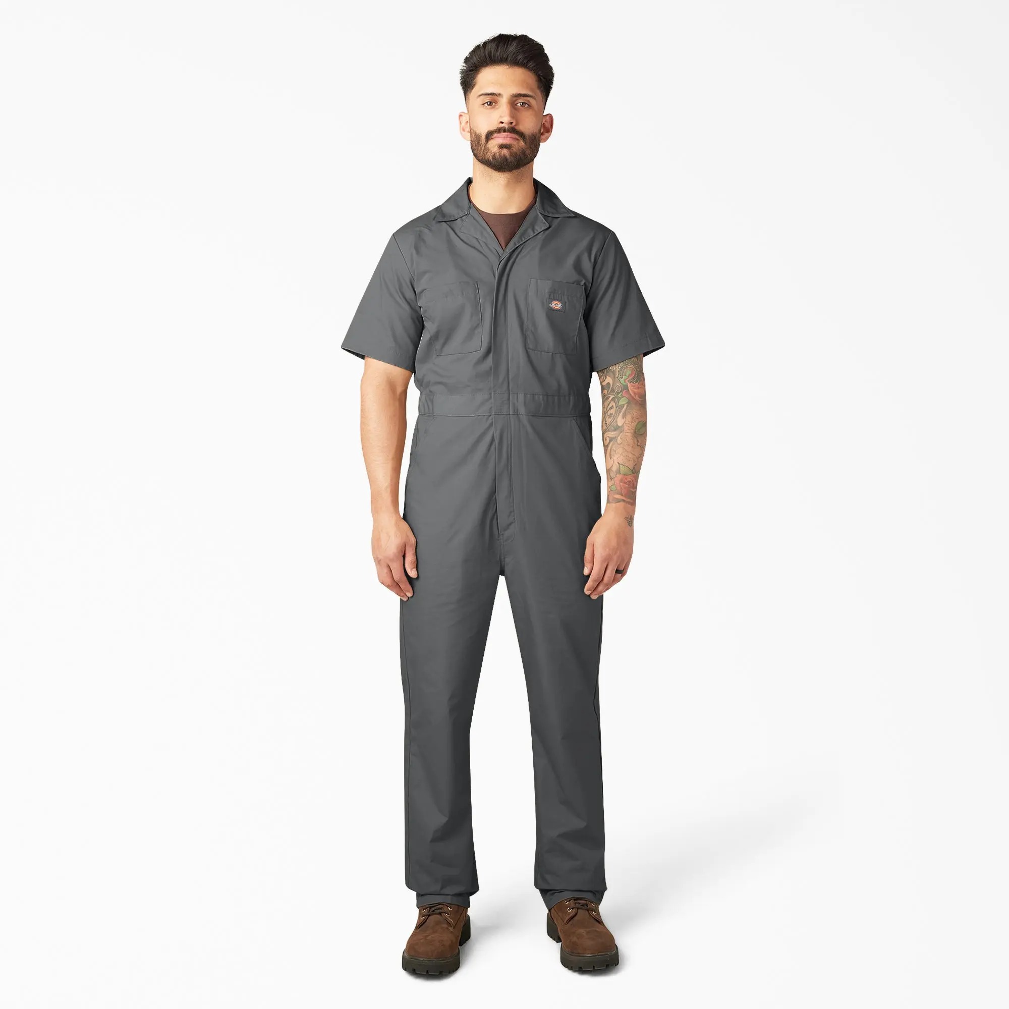 Men's short-sleeved work coveralls, designed to be worn over everyday clothing.