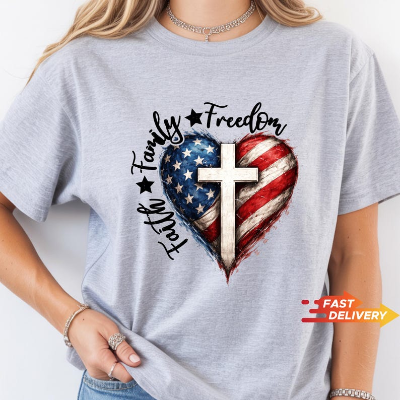 Faith Family Freedom Cross Shirt, Patriotic Christian 4th of July Tee