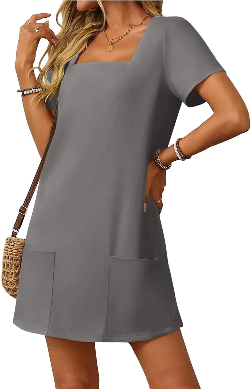 Womens Solid Casual Summer Square Neck Short Sleeve Mini Dresses Loose Fit Solid A-Line Tshirt Dress with Pockets