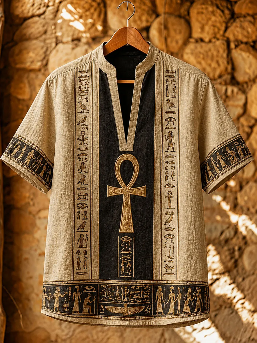 Ancient Egyptian Ankh Men’s Short Sleeve Shirt – Hieroglyphic Pharaoh Style Top