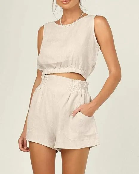Women's 2pcs Summer Outfits Sleeveless Crop Tank Top and High Waist Pocketed Shorts Loose 2 Piece Short Sets