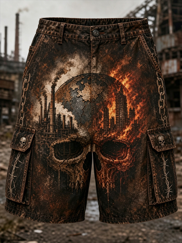 Men's Vaporwave Industrial Skull Burning City Post-Apocalyptic Vintage Art Print Casual Shorts