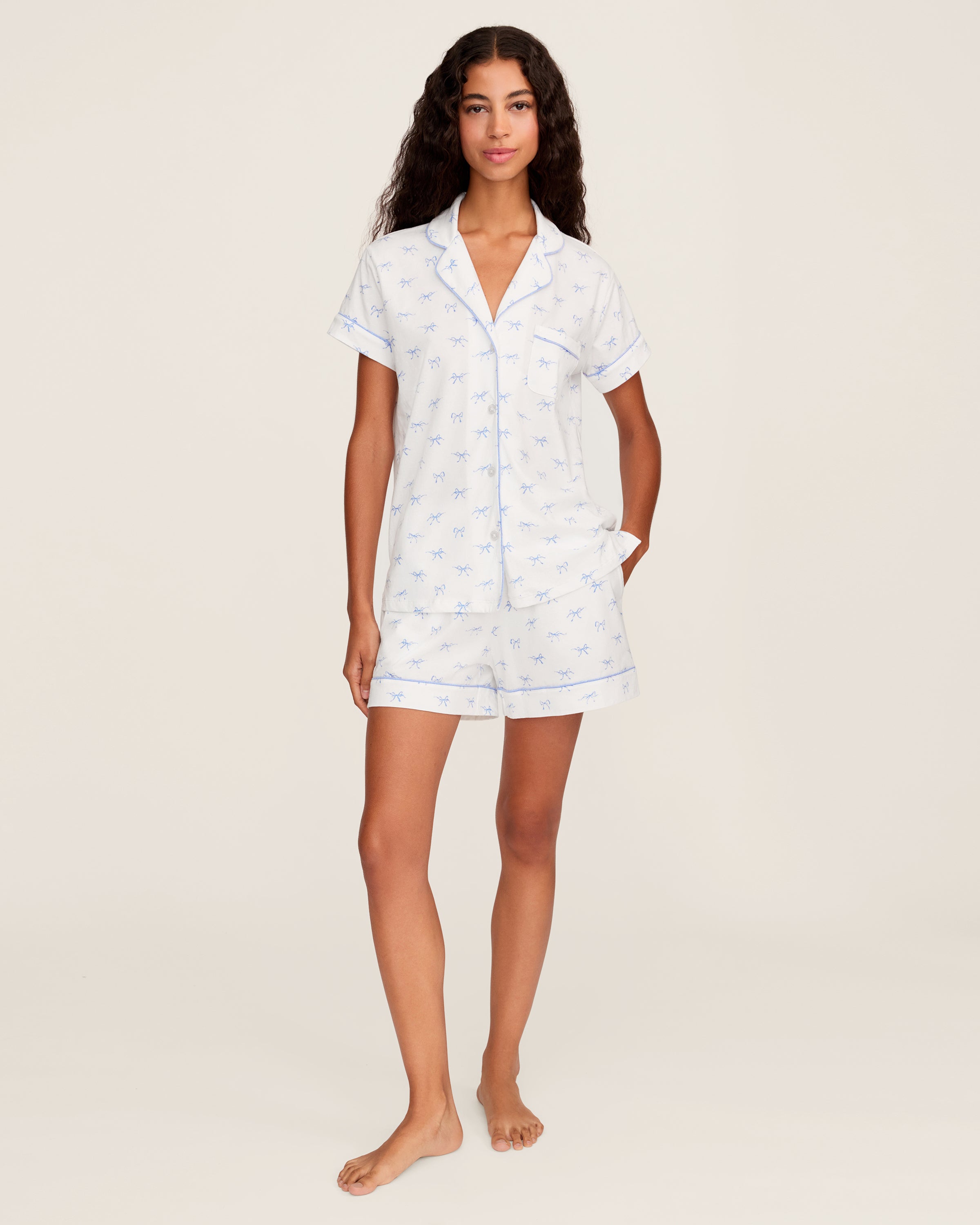Women's Pima Short Sleeve Short Set in Something Blue Bows