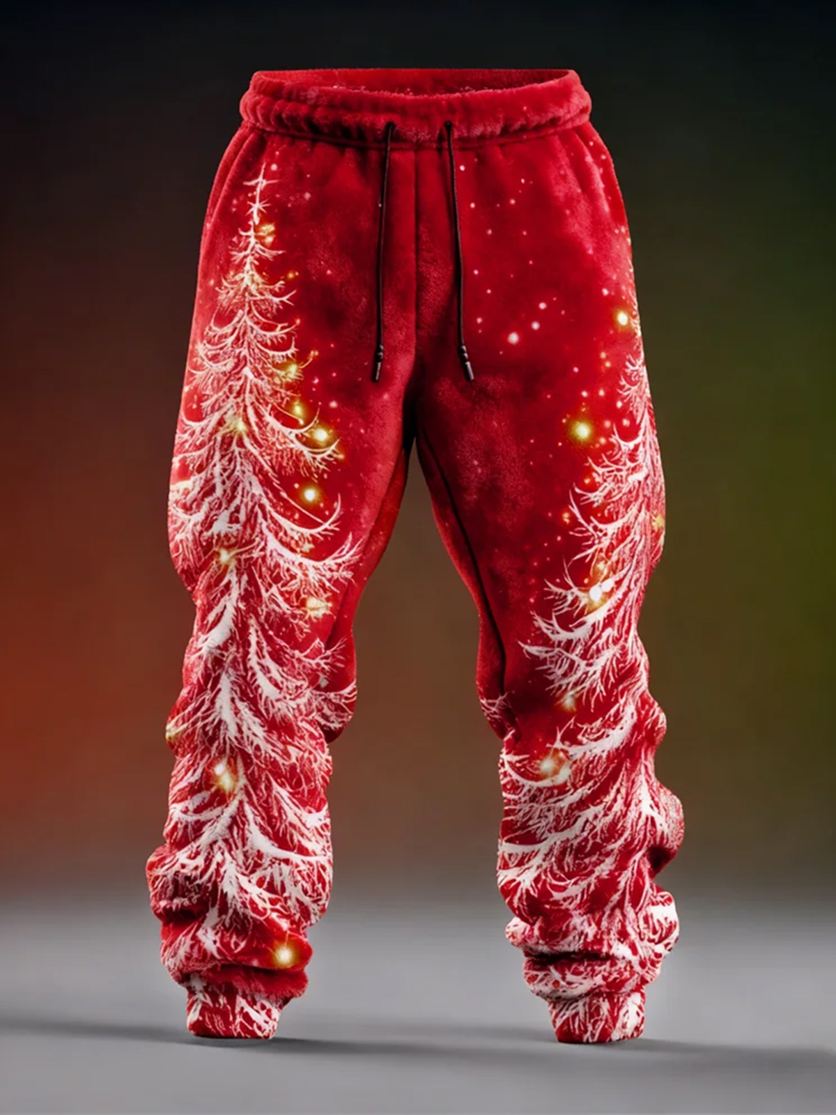 Men's Christmas Trees And Lights Art Print Loose Drawstring Waist Flannel Pants