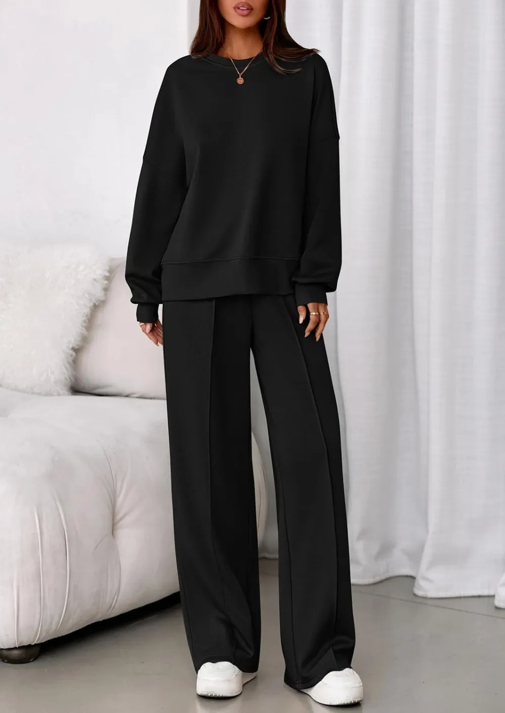 2 Piece Sets For Women Fall Trendy Long Sleeve Sweatshirt Wide Leg Pants Loungewear
