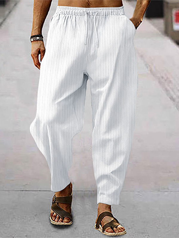 Men's Casual Plain Textured Slant Pocket Elastic Drawstring Waist Cotton Linen Pants