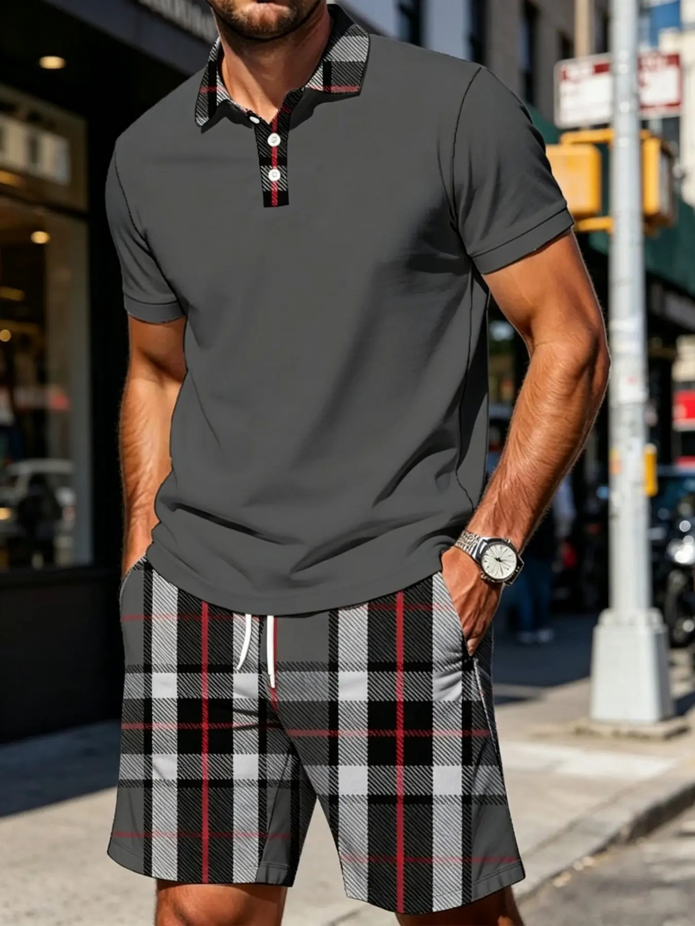 Men's Plaid Polo Shirt & Shorts Set – Casual Summer 2-Piece Outfit with Pockets