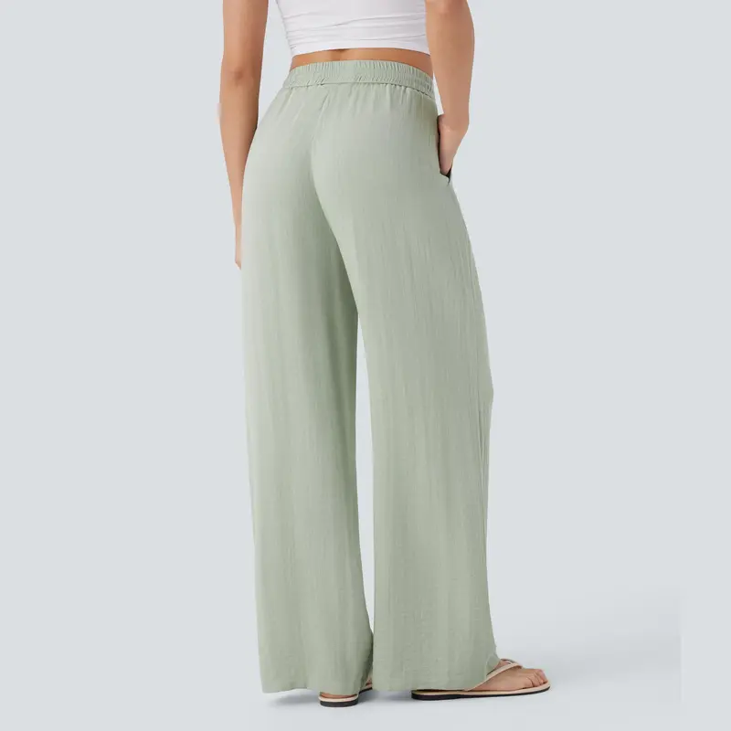 [Creator's Pick] High-Waisted, Drawstring, Pocketed, Wide-Leg Casual Trousers (Faux Linen)