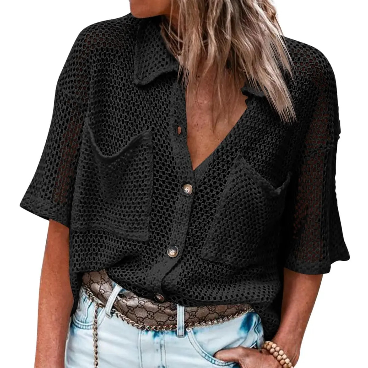 Women's Lightweight Crocheted Cardigan Sweater