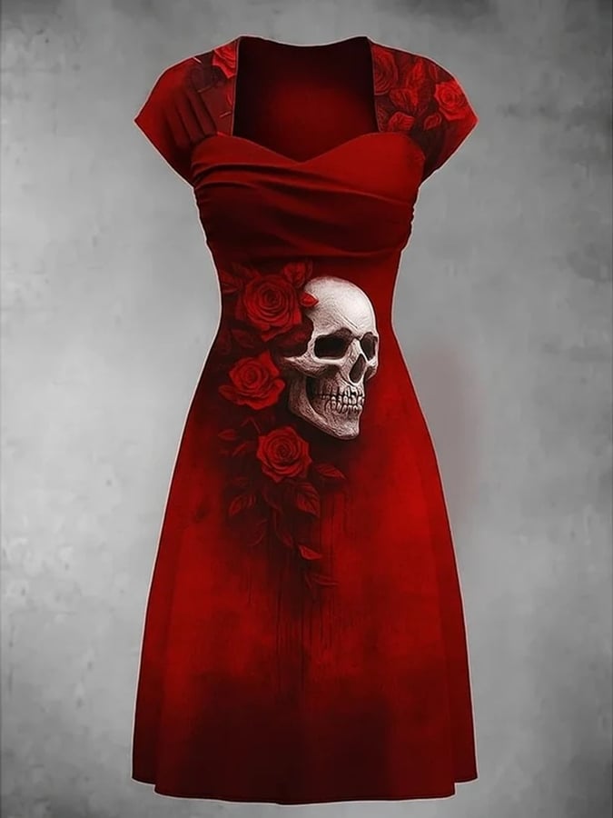Women's Retro Skull Art Print V Neck Dress