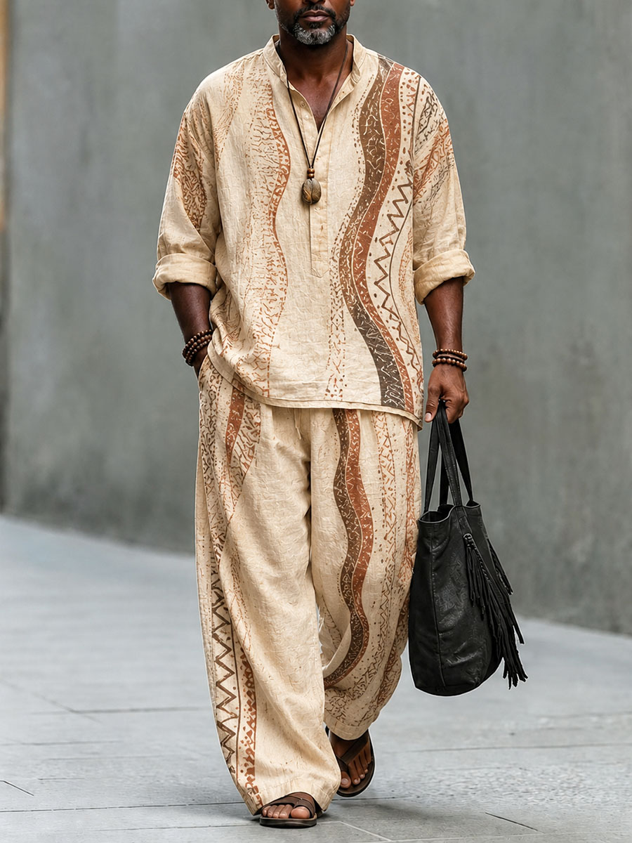 Men’s Beige & Brown Wave Print Casual Set – Loose Linen-Look Shirt & Wide-Leg Pants Two-Piece Outfit