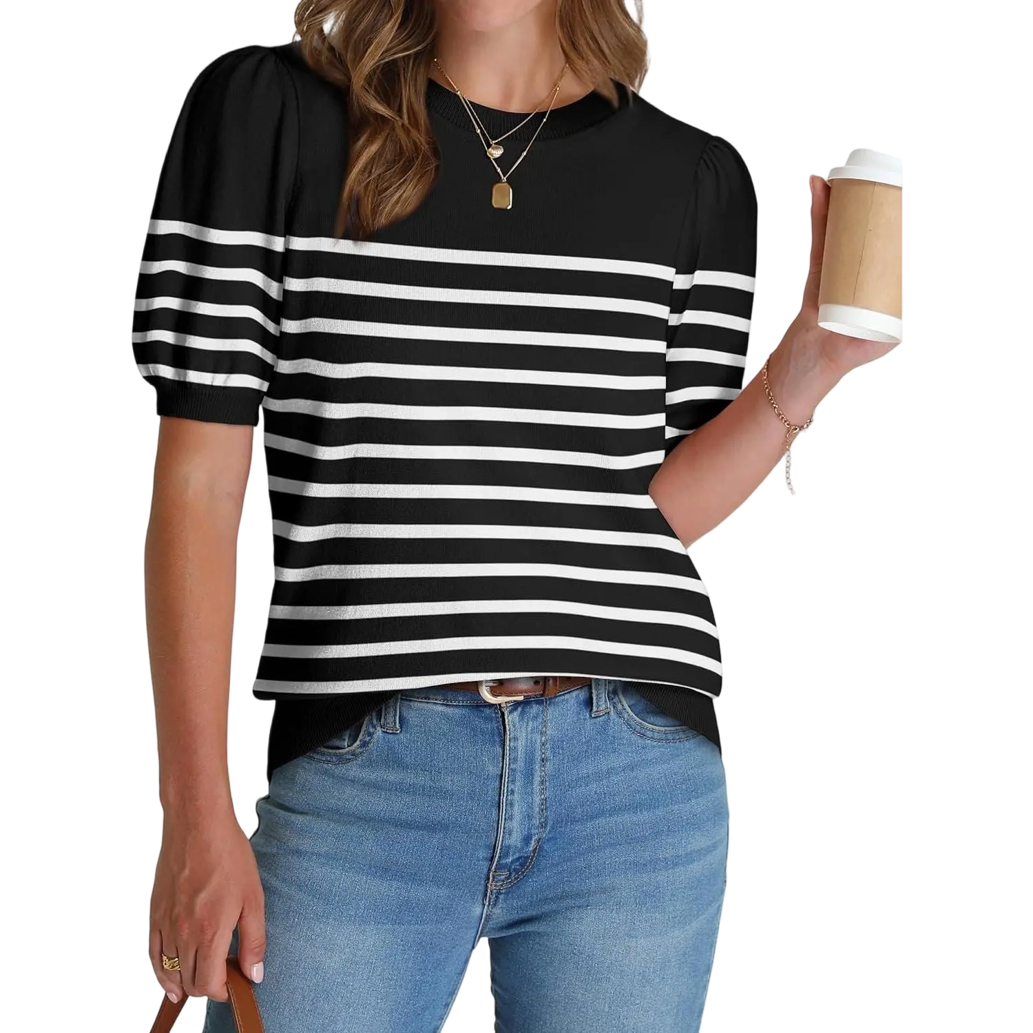 Women's Puff Short Sleeve Lightweight Knit Top Soft Breathable