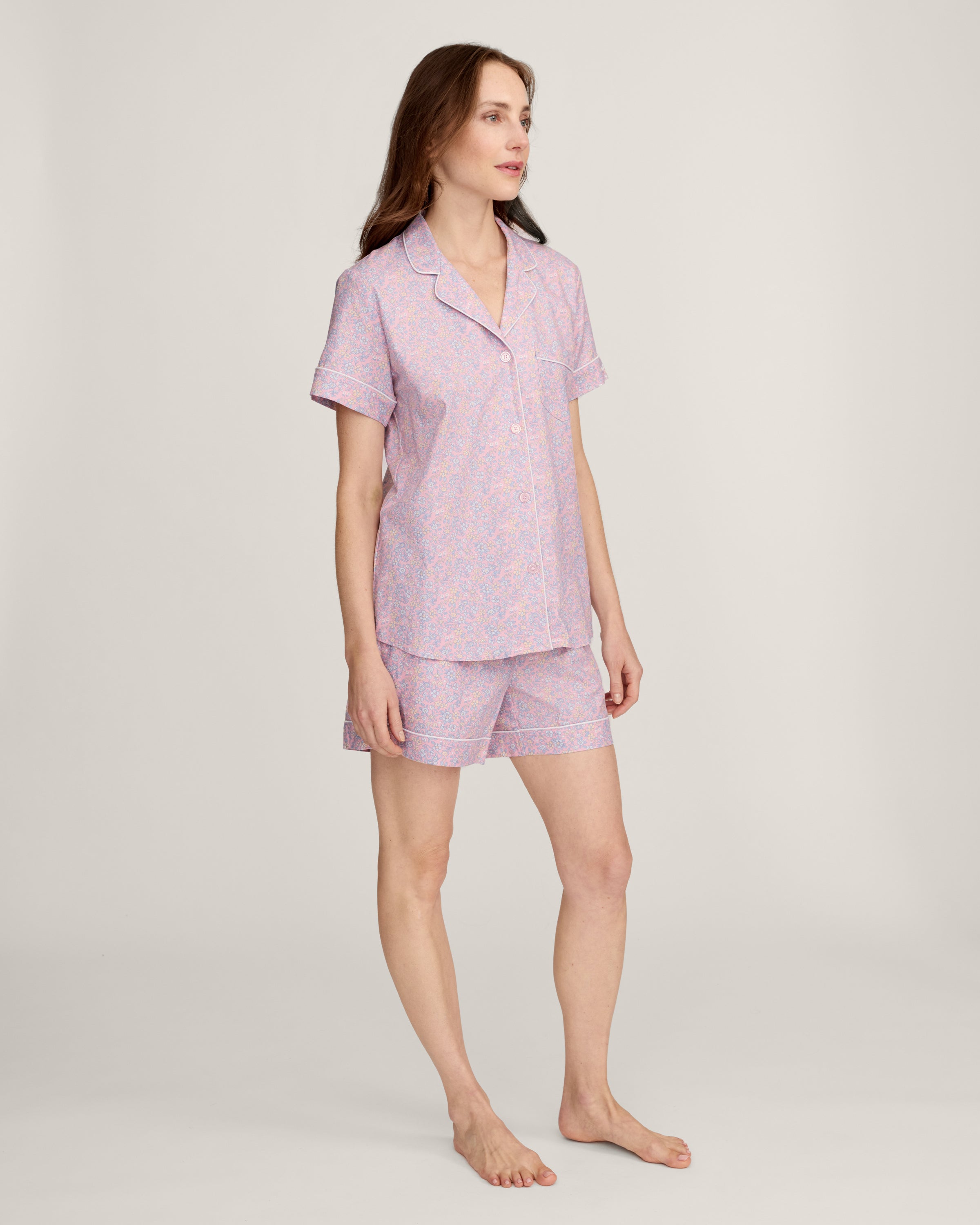 Women's Twill Short Sleeve Short Set in Fleur Blush