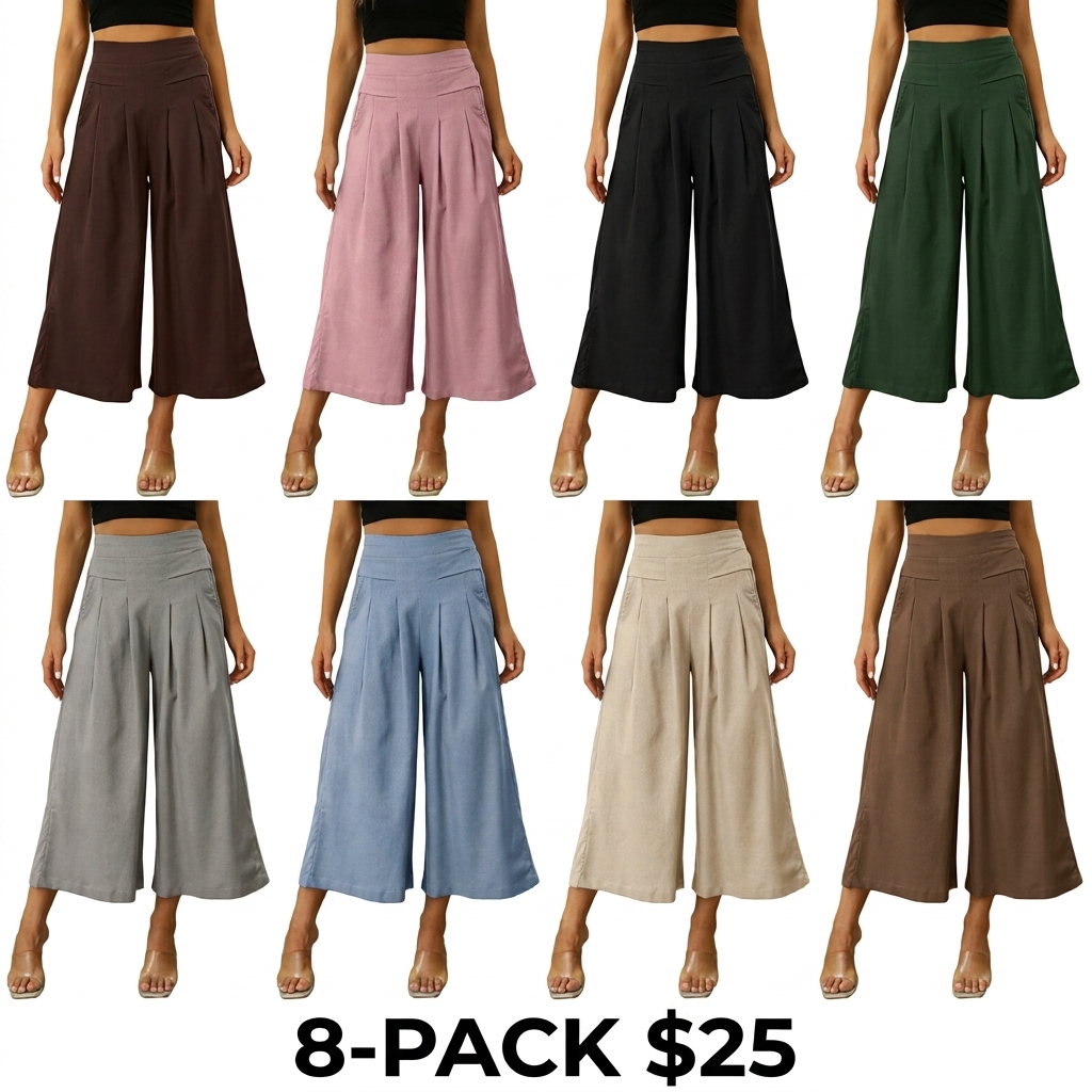 Women's Cotton Linen Wide Leg Culottes – Elastic Waist, Pockets, Minimalist Casual Capri Pants