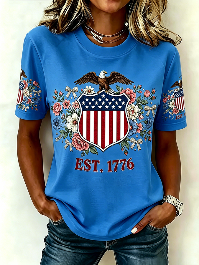 Ladies' Casual 250Th Anniversary Celebration Of The Founding Of The United States, Personalized Floral Print Round Neck T-Shirt