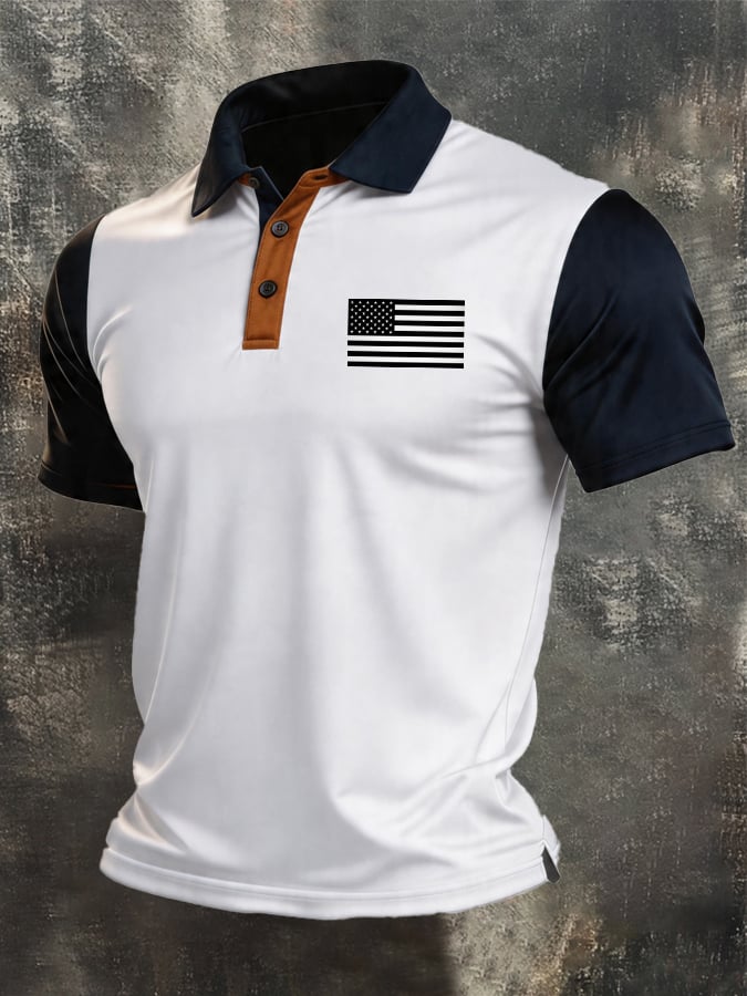 Men's Retro Patriotic Color-Block Short-Sleeve Polo Shirt