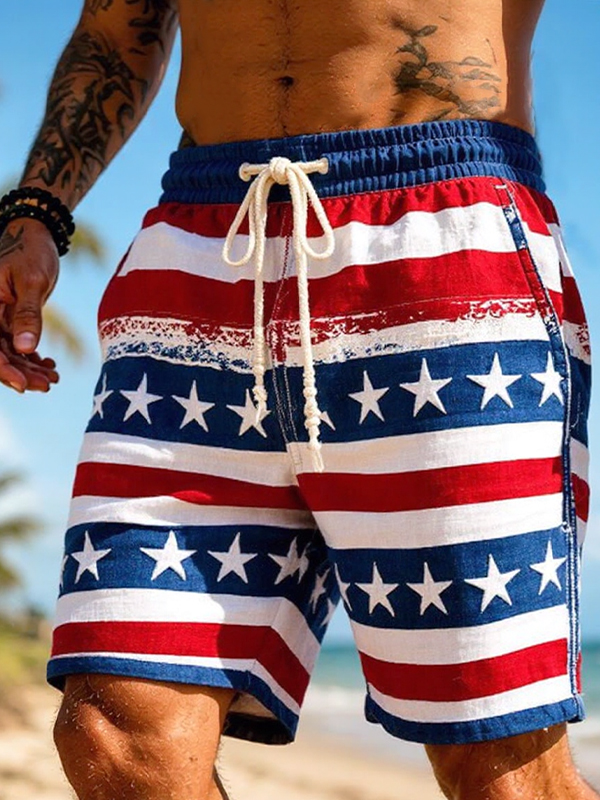Men's American Flag Star Stripes And Geometric Color Block Art Print Casual Shorts