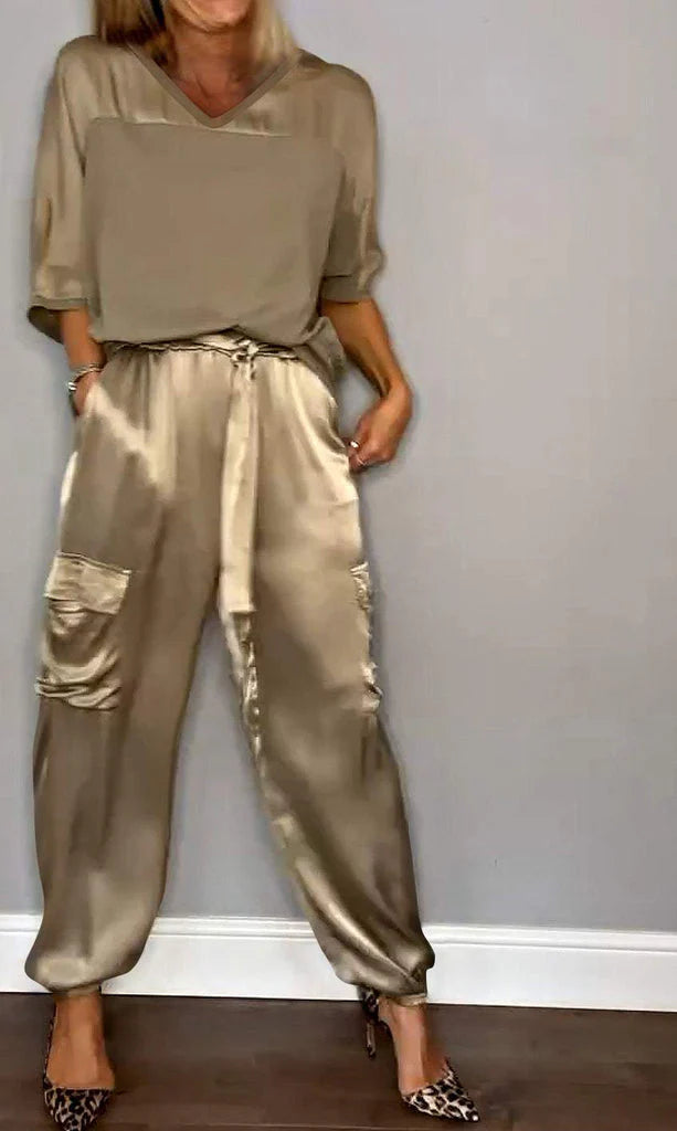 Women's Smooth Satin Half-sleeved Top and Pant Suit Two-piece