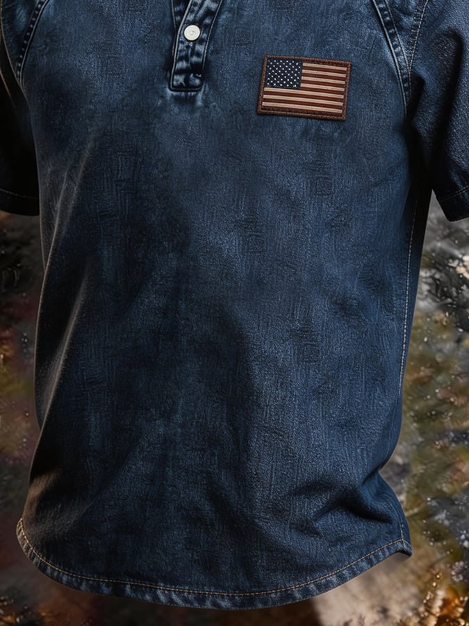 Men's Distressed Denim Henley Shirt, USA Flag Patch Patriotic Casual Top