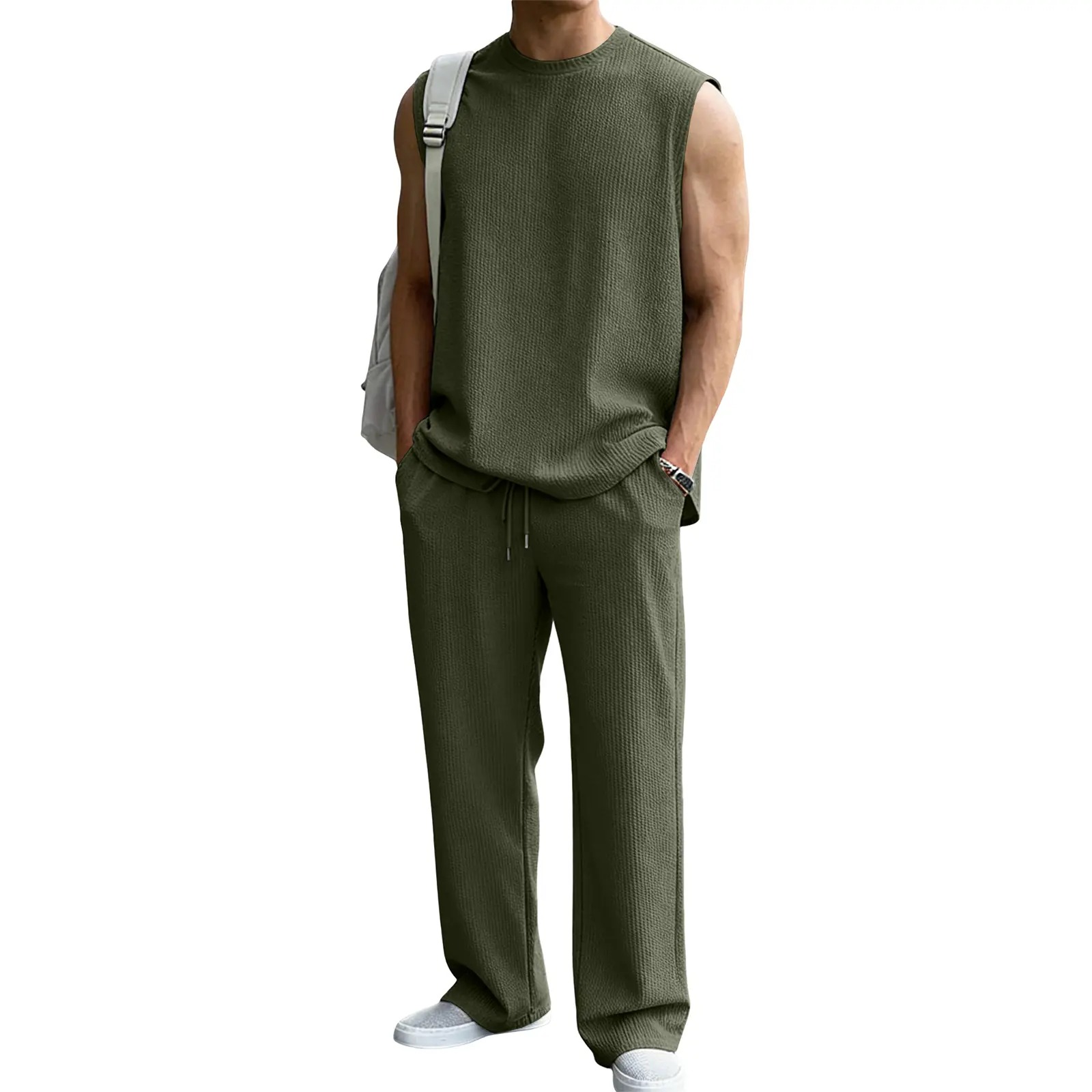 Men's Rib Knit 2 Piece Outfit Sleeveless Tank Top & Baggy Wide Leg Pants