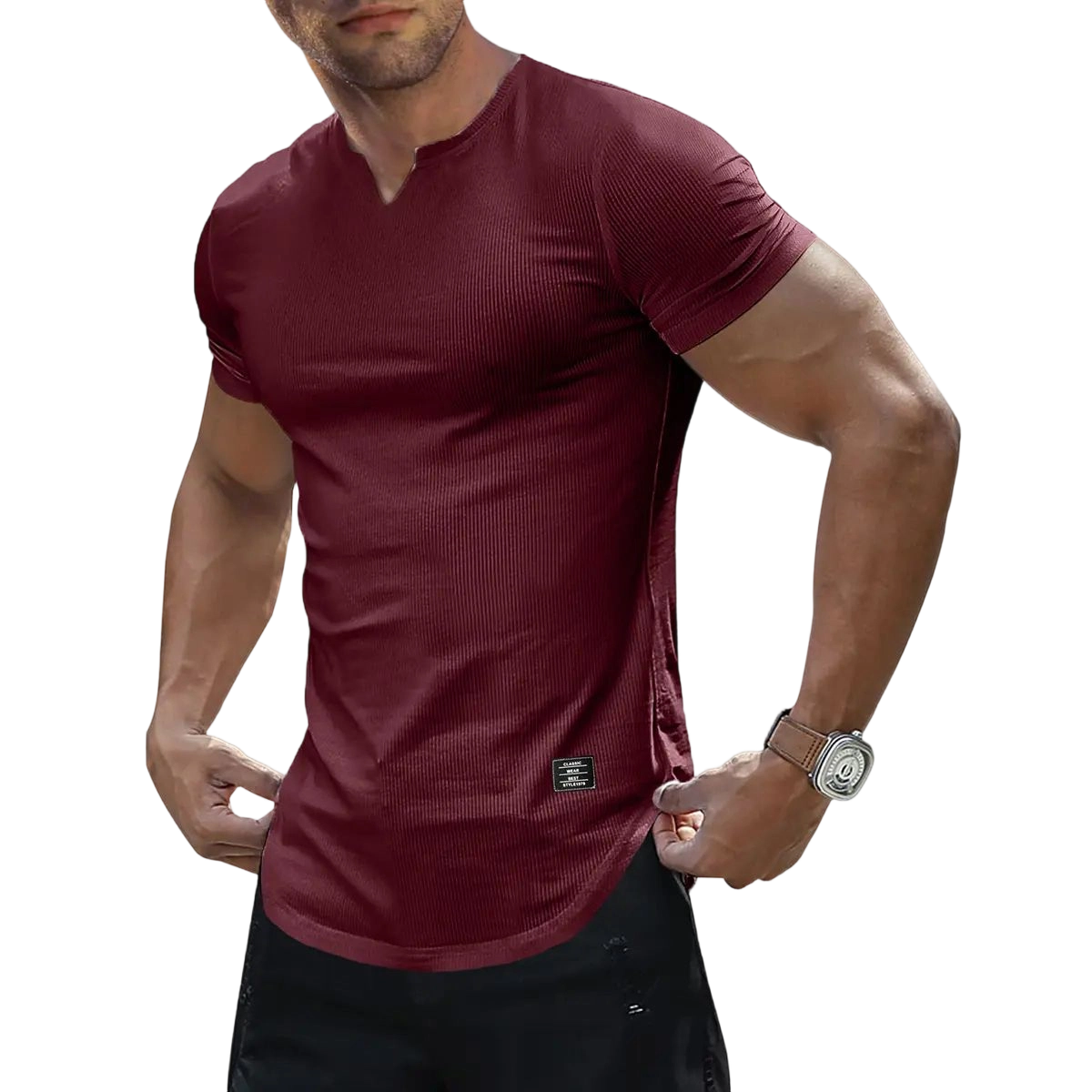 Men's Plain Muscle Slim Fitted T Shirt Polyester V-Neck Longline Shirt