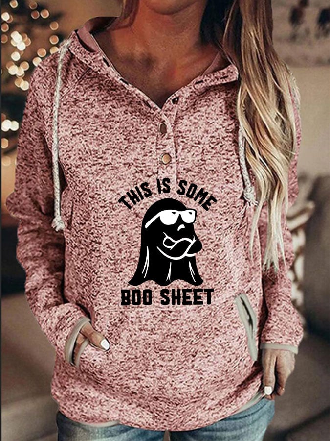 Women's Halloween This Is Some Boo Sheet Printed Casual Pocket Hooded Sweatshirt