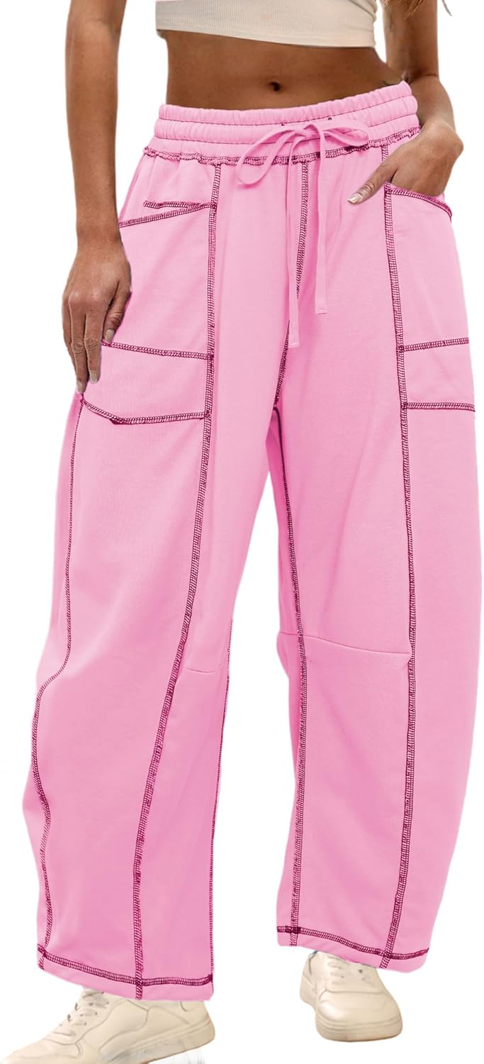 Womens Baggy Barrel Pants Wide Leg Lounge Drawstring Sweatpants with Pockets