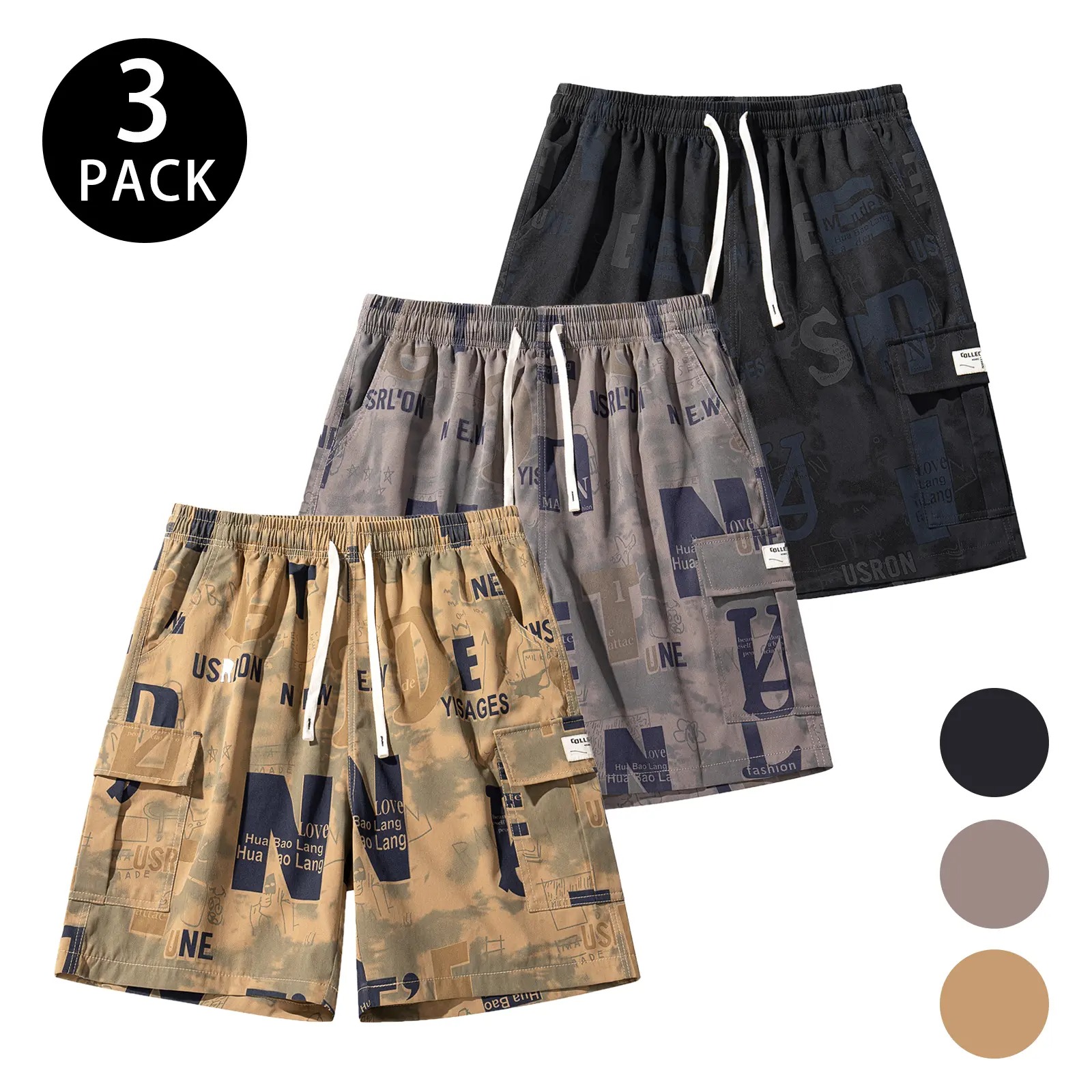 Men’s summer shorts with letter print, drawstring, and multiple pockets