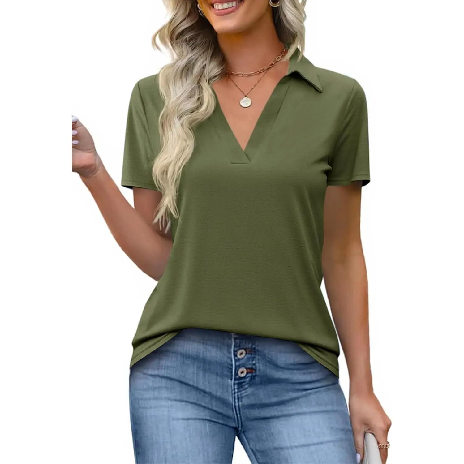 Women's Short-Sleeve Slim-Fit Lightweight Polyester V-Neck Polo Shirt