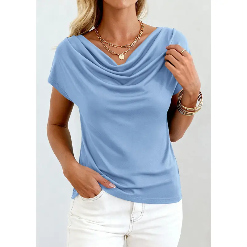 Women's Cowl-Neck Short-Sleeve Top — Elegant Casual Wear, Summer Shirt