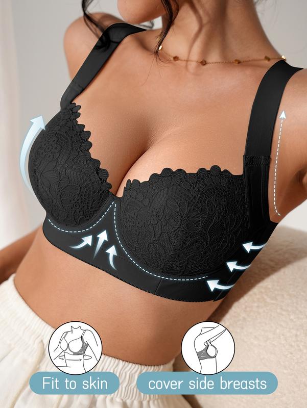 Women's Comfort Push Up Lace Bra Elegant Sexy Lace Bra with Underwire Cups Non-Removable Pads Support Design Adjustable Straps
