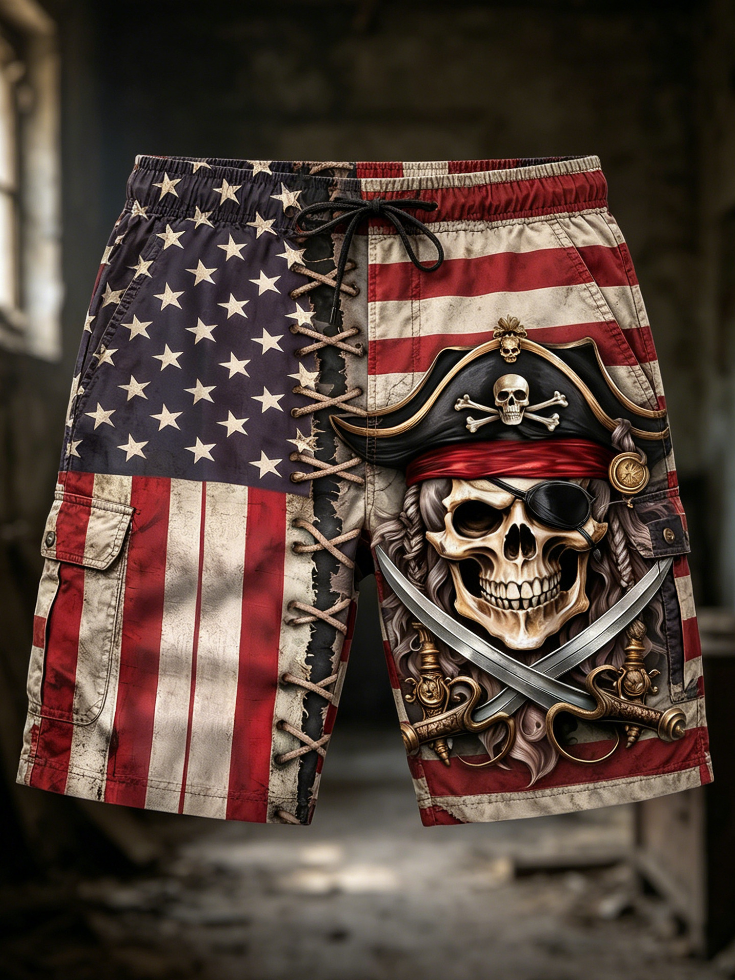 Men's USA Flag Pirate Skull And Crossbones Art Print Drawstring Waist Shorts