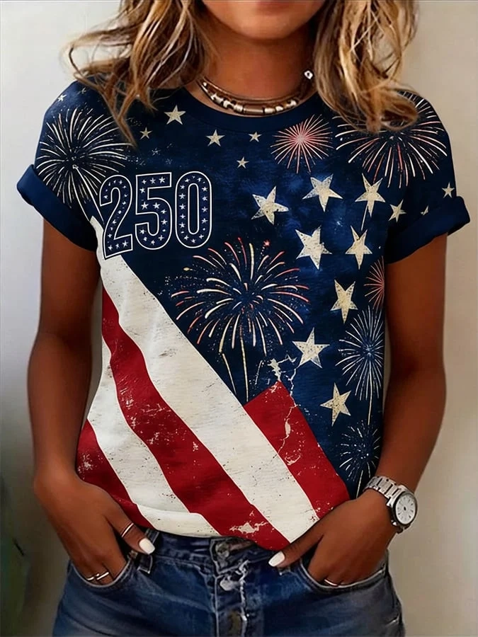 American Women'S Casual American Flag Printed Round Neck T-Shirt