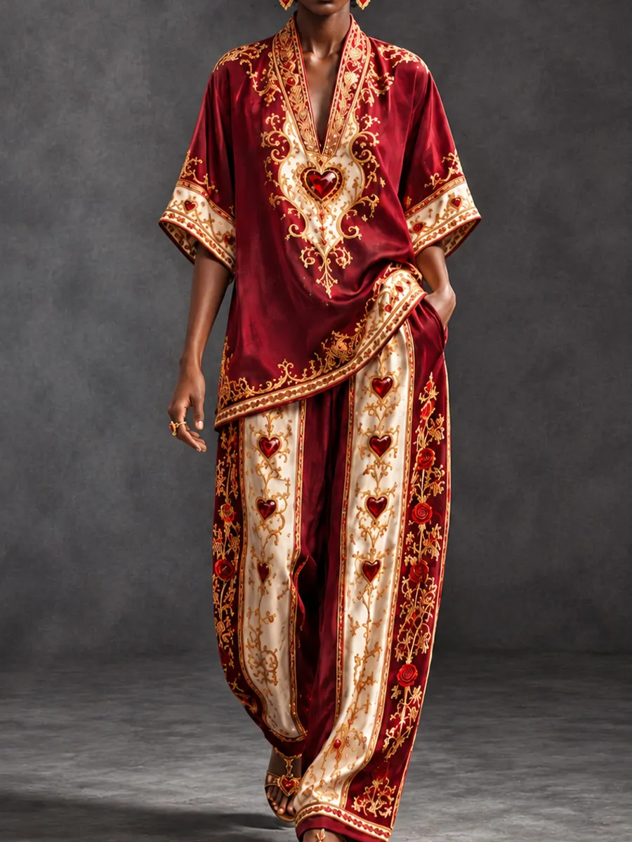 Women’s Burgundy Baroque  2 Piece Outfit, V Neck Kimono Top and Wide Leg Pants, Elegant Vacation Party Set