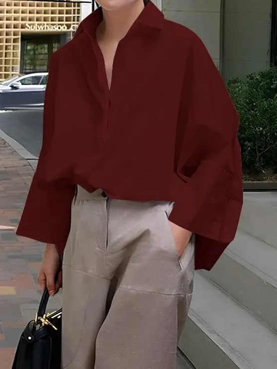Womens Cotton Button Down Shirt Casual 3/4 Sleeve Loose Fit