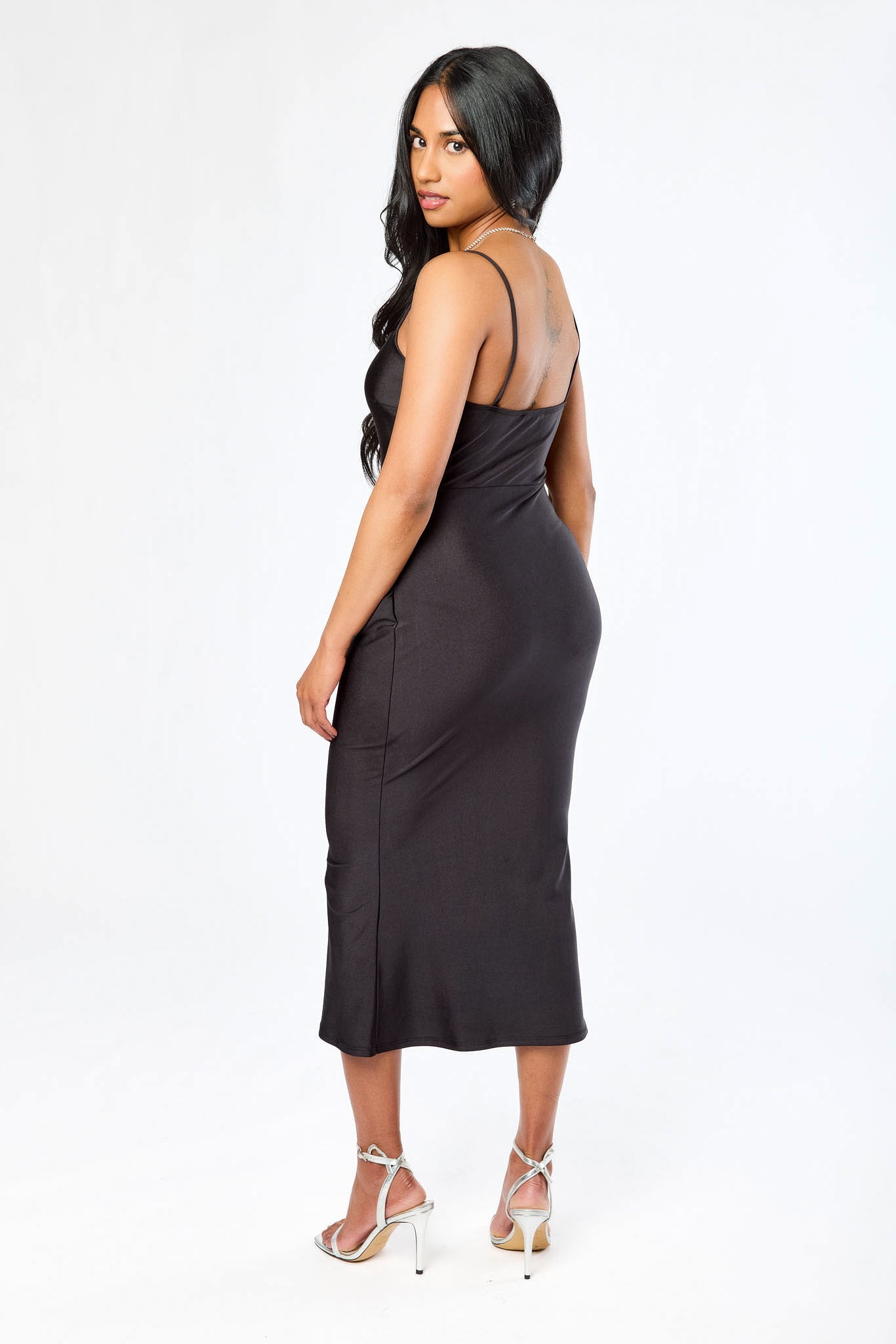 Satin Jersey Midi Dress with Flared Hem