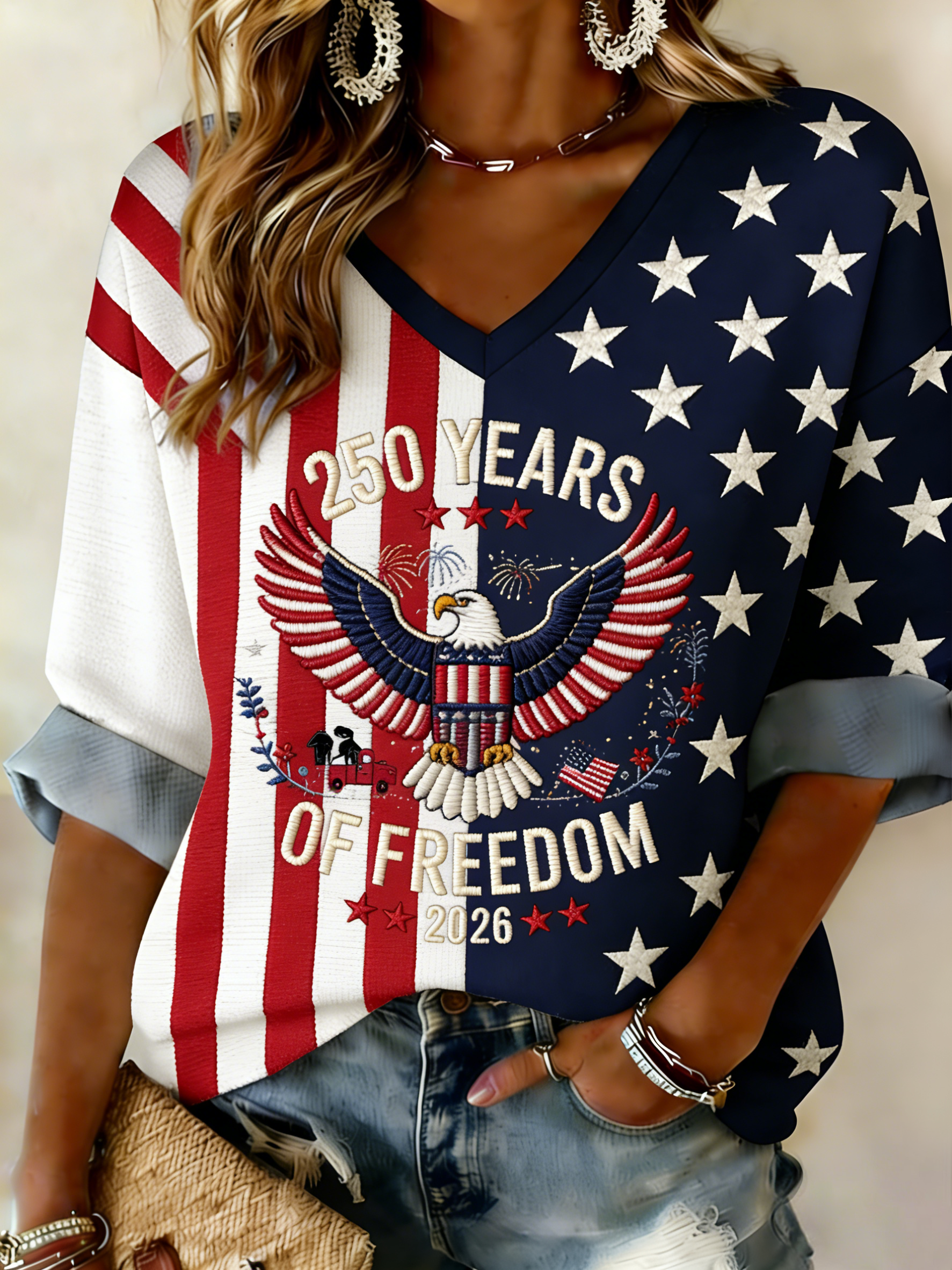 250 Years of Freedom Embroidered Eagle V-Neck Top