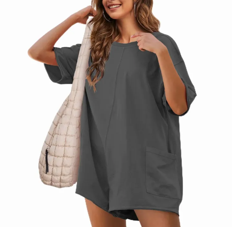 Women's Oversized Athletic Jumpsuit - Casual Workout Romper Tee