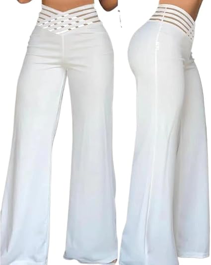 Womens Wide Leg Pants Hollowed Waistband High Waist Casual Straight Leg Loose Palazzo Pant