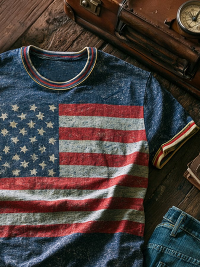 Men's Retro Patriotic Color-Block Crew Neck Short-Sleeve T-Shirt