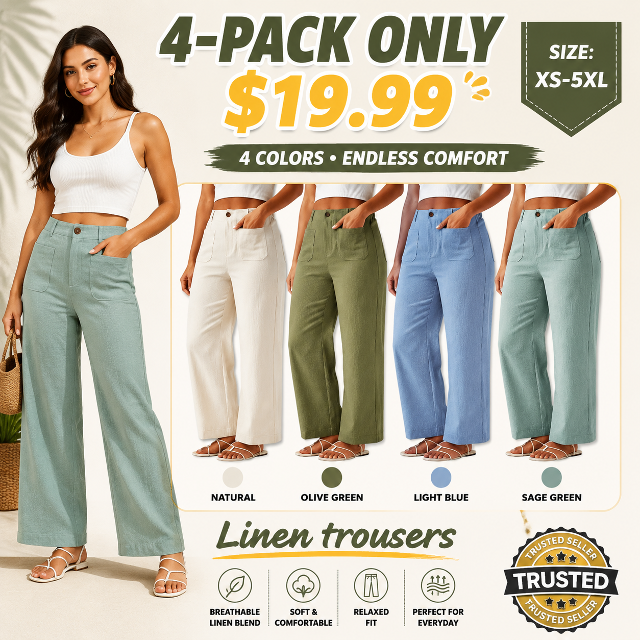 High-waisted straight-leg casual trousers with a linen-like texture