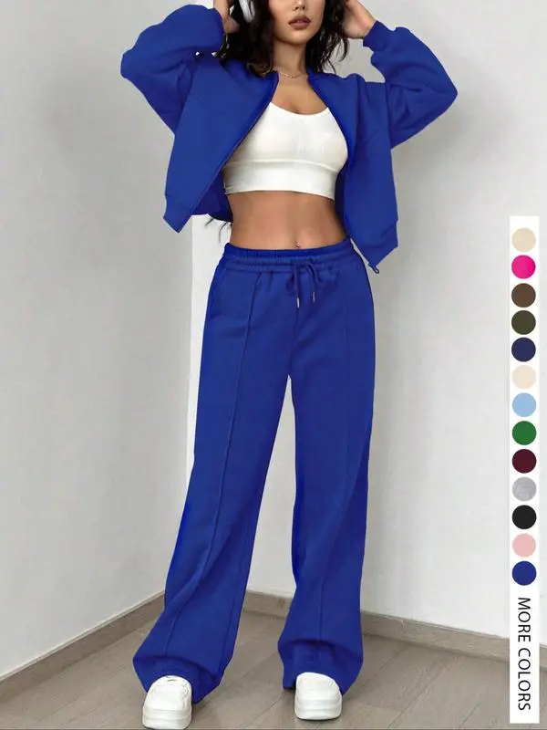 🔥Two-piece Set Women's Solid Zip Up Drop Shoulder Jacket & Pocket Elastic Waist Pants, Casual Fashion Cozy Breathable Two Piece Outfits for Daily Outdoor Wear, Ladies Clothes for All Seasons