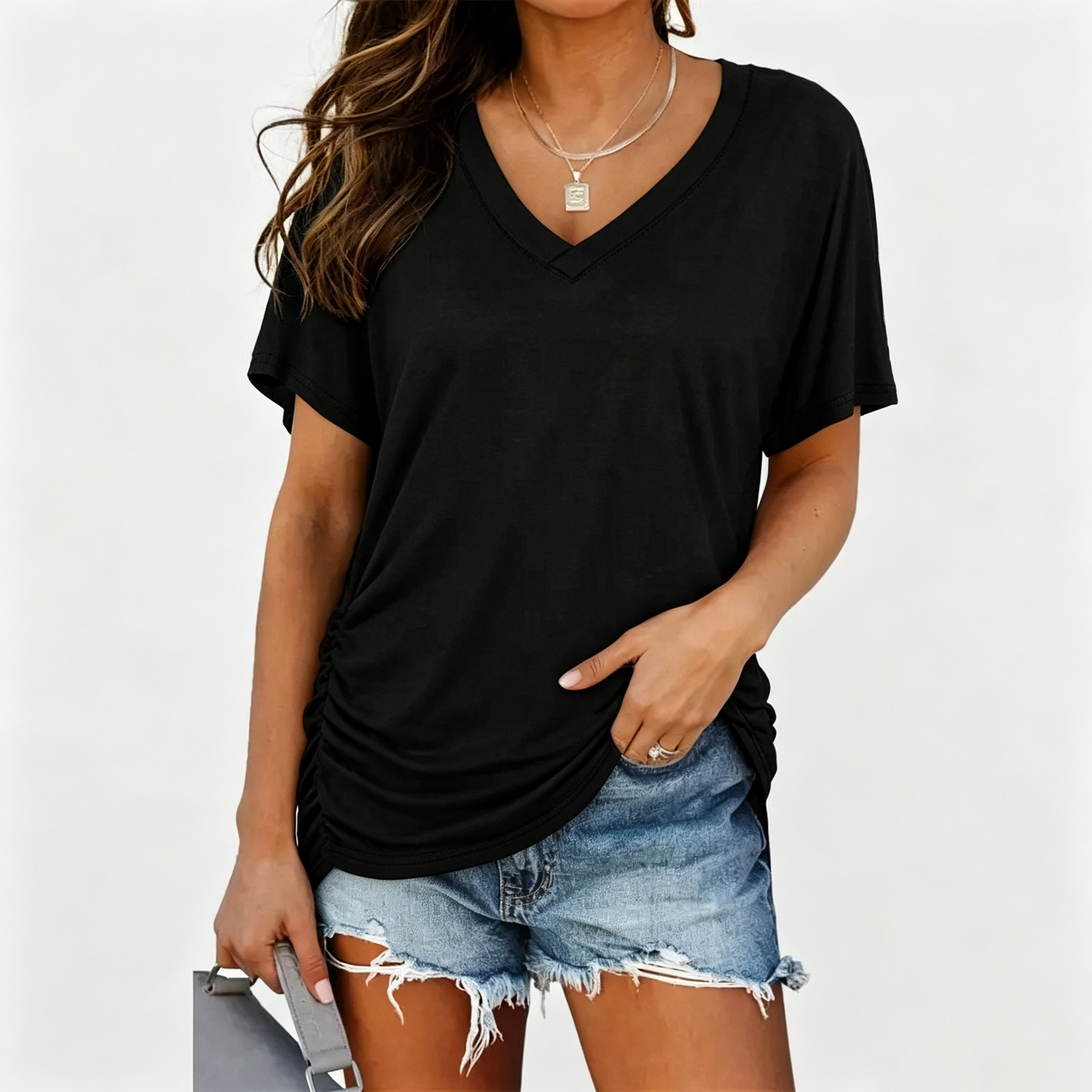 Womens Short Sleeve V Neck Dolman Tops with Side Shirring Loose Fit Shirts