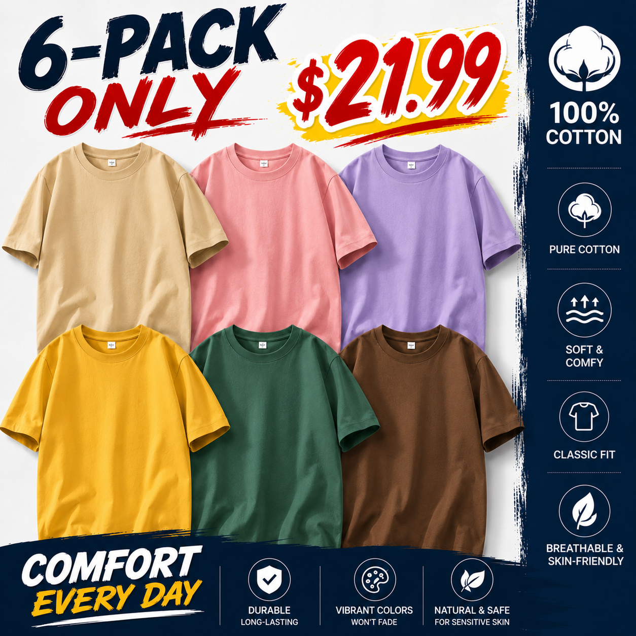 Men's Relaxed-Fit 100% Cotton Crew Neck T-Shirt