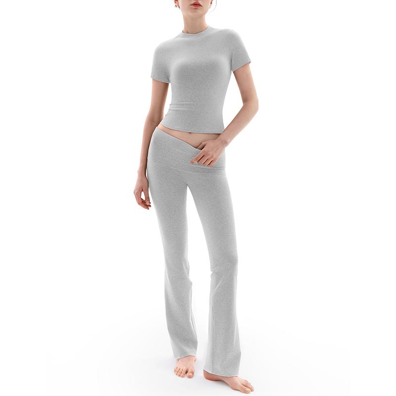 Women's Minimalist Short Sleeve & Fold-Over Flare Pants Lounge Set