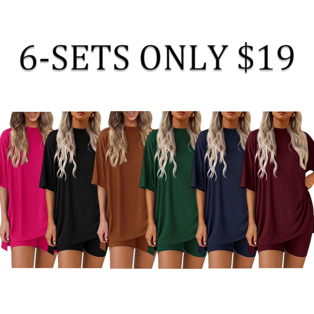 Women’s Oversized Lounge Set-Breathable Crewneck Top & Pocket Shorts