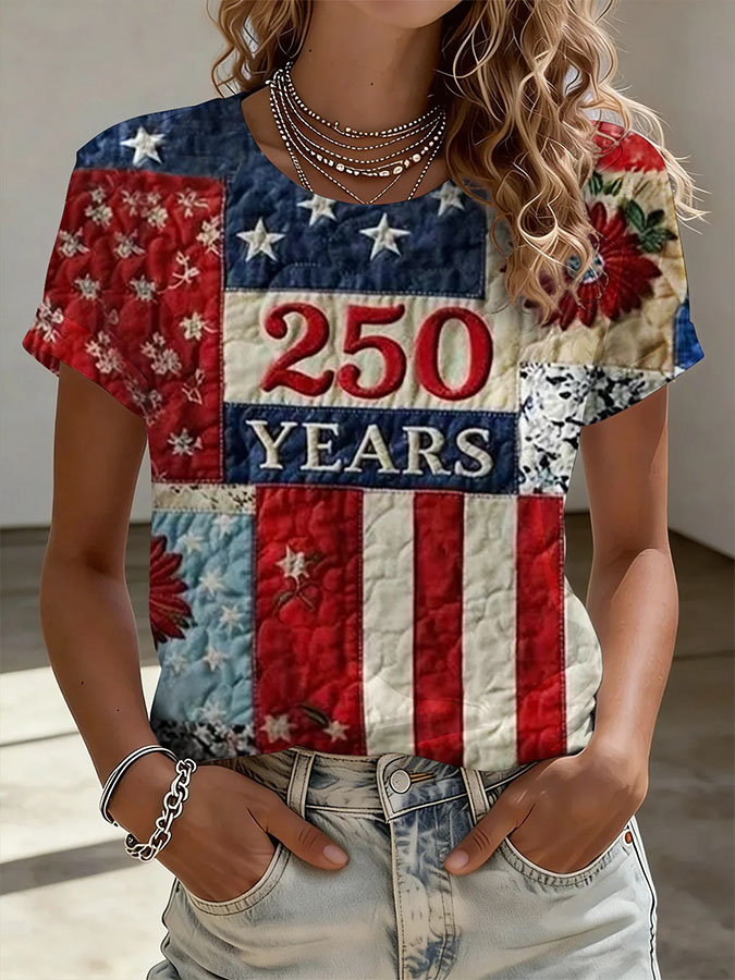 Women's Retro American Independence Day Commemorative Printed Round Neck Short Sleeve T-shirt